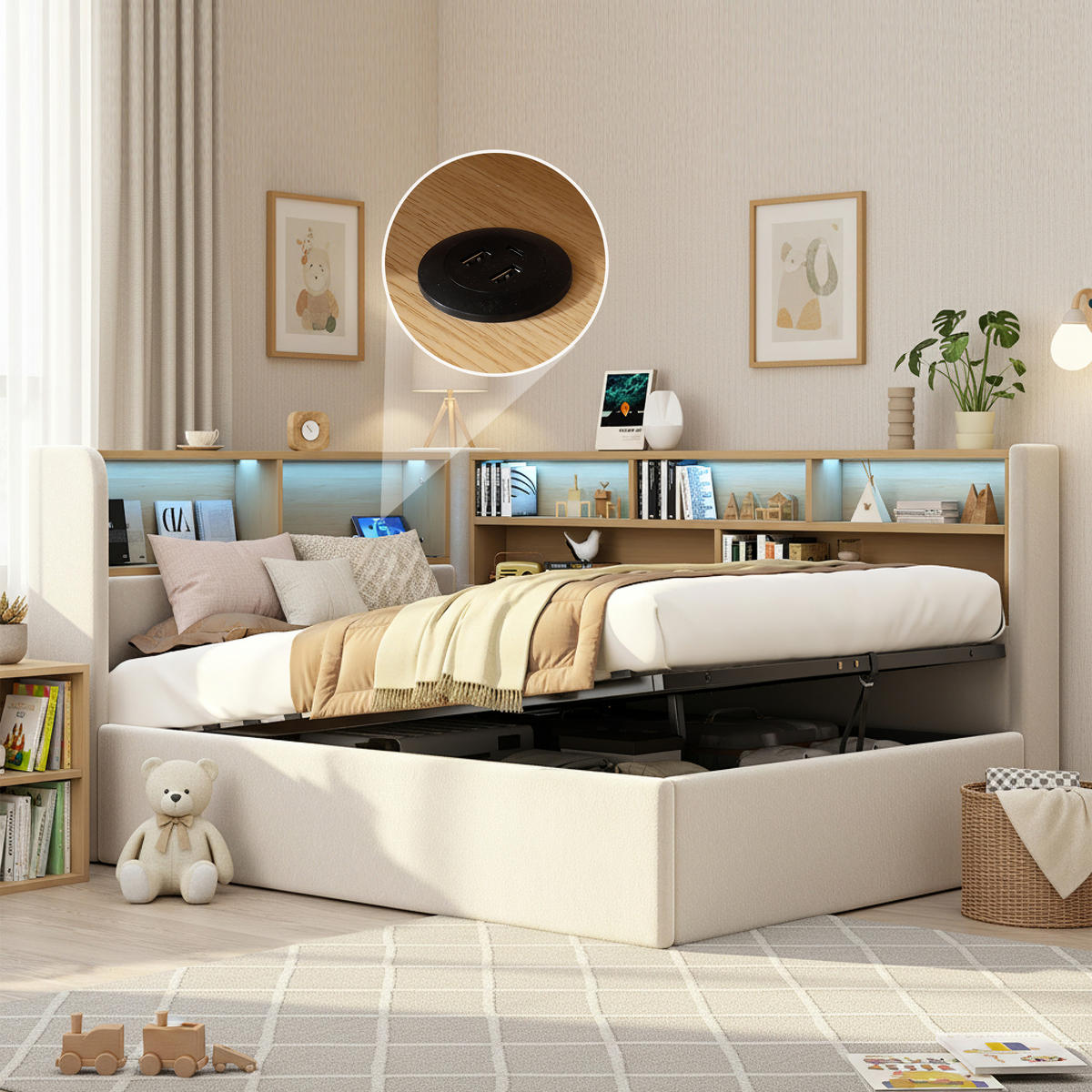 MULTIFUNKTIONSBETT 90/200 cm beige aus Samt mit LED und hydraulischem Stauraum - Beige, Textil (90/200cm) - OKWISH