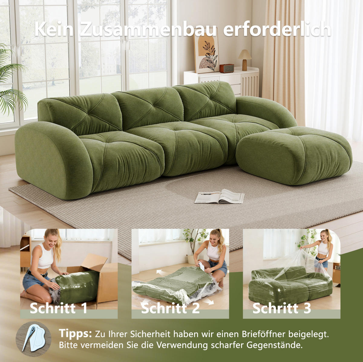 ECKSOFA 281/171/76 cm grün aus Chenille mit Hocker rahmenlos - Grün, Textil (171/281cm) - OKWISH