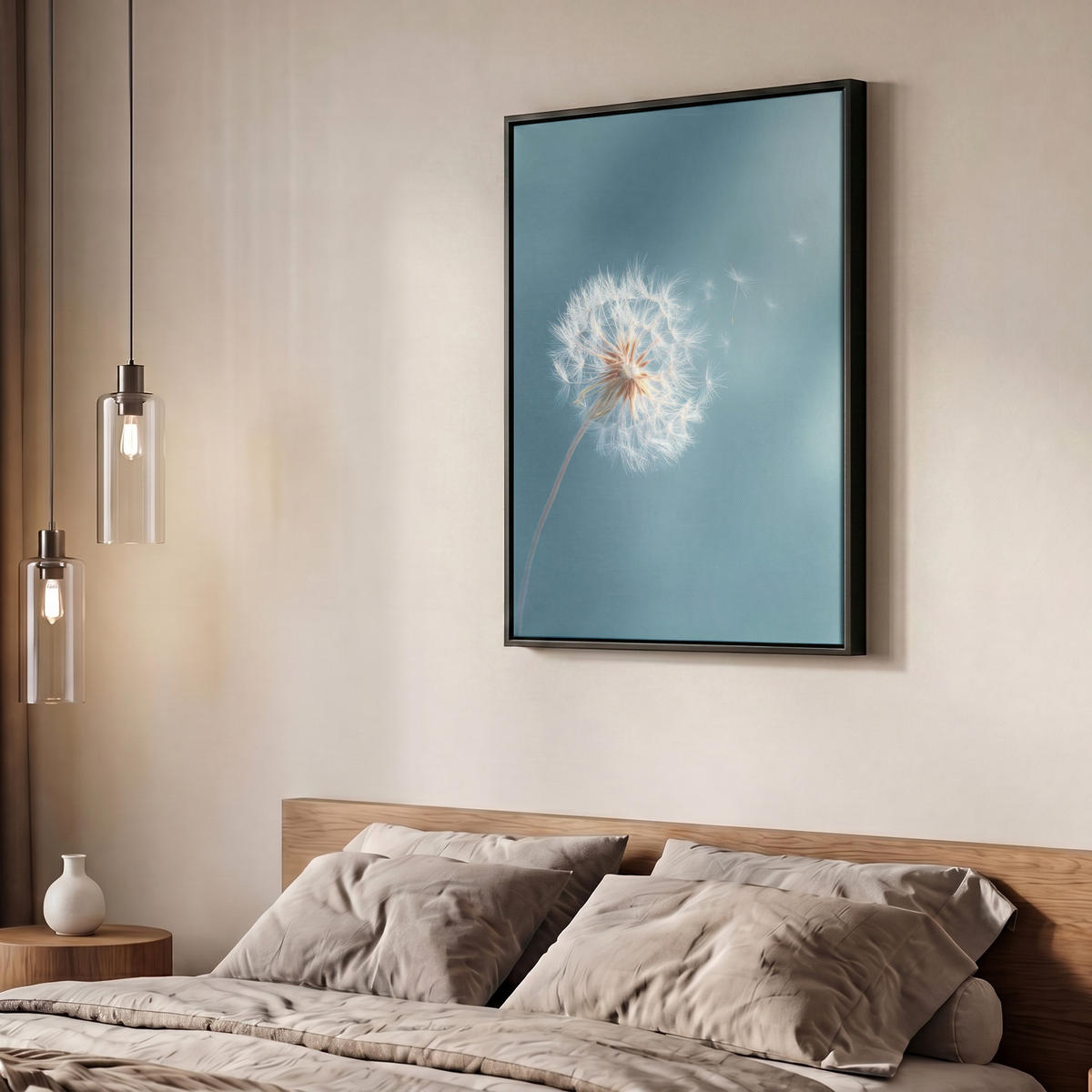 LEINWAND Bilder mit Rahmen - Löwenzahn - Wind - Blau - 50x70 - Blaugrau, Textil (50/70cm) - MuchoWow