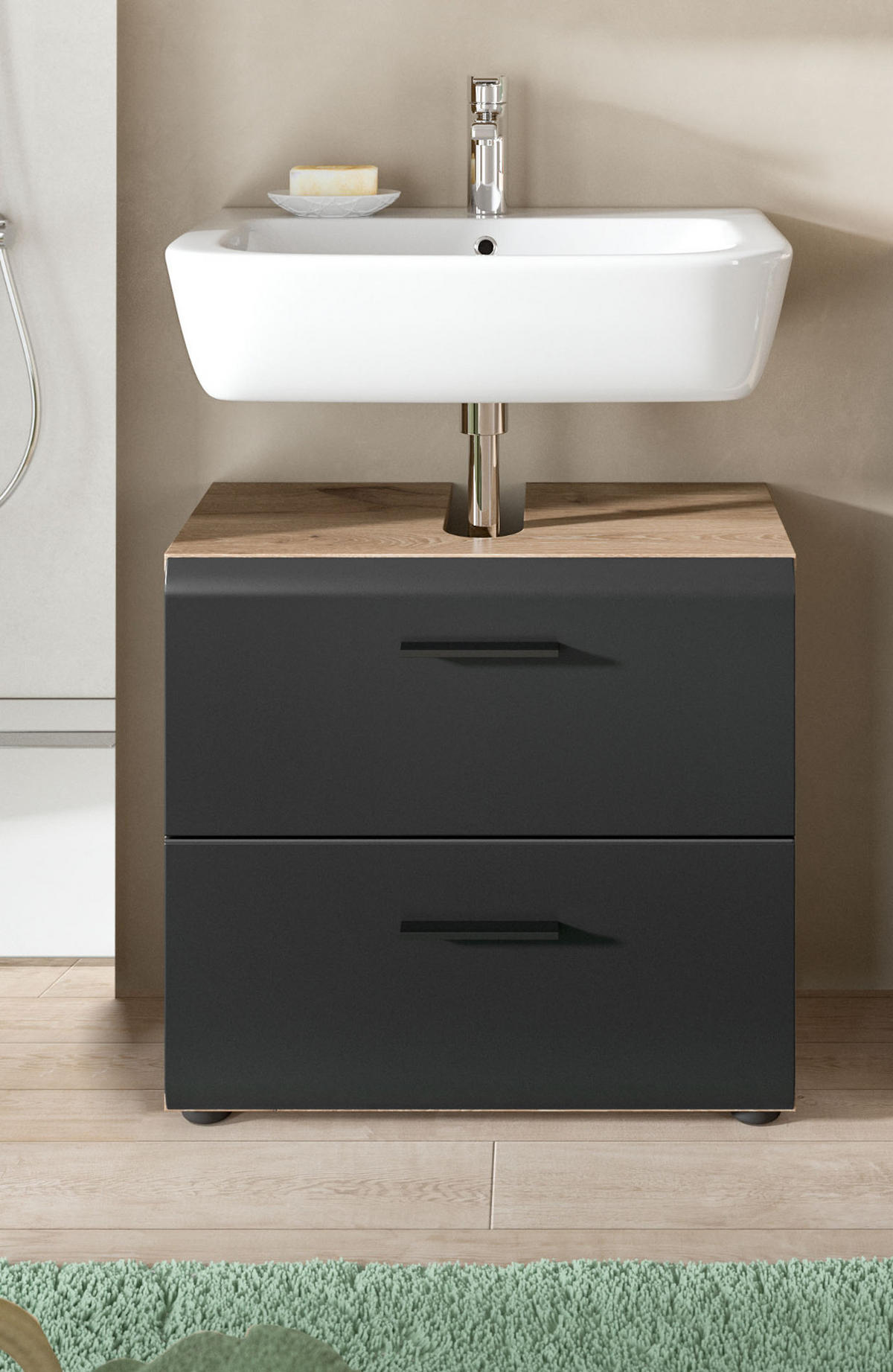 WASCHBECKENUNTERSCHRANK Schwarz matt, Eiche 60 cm, Unterschrank mit Schubladen - Eichefarben/Schwarz, Holzwerkstoff/Kunststoff (60/54/30cm) - Inn.Furn