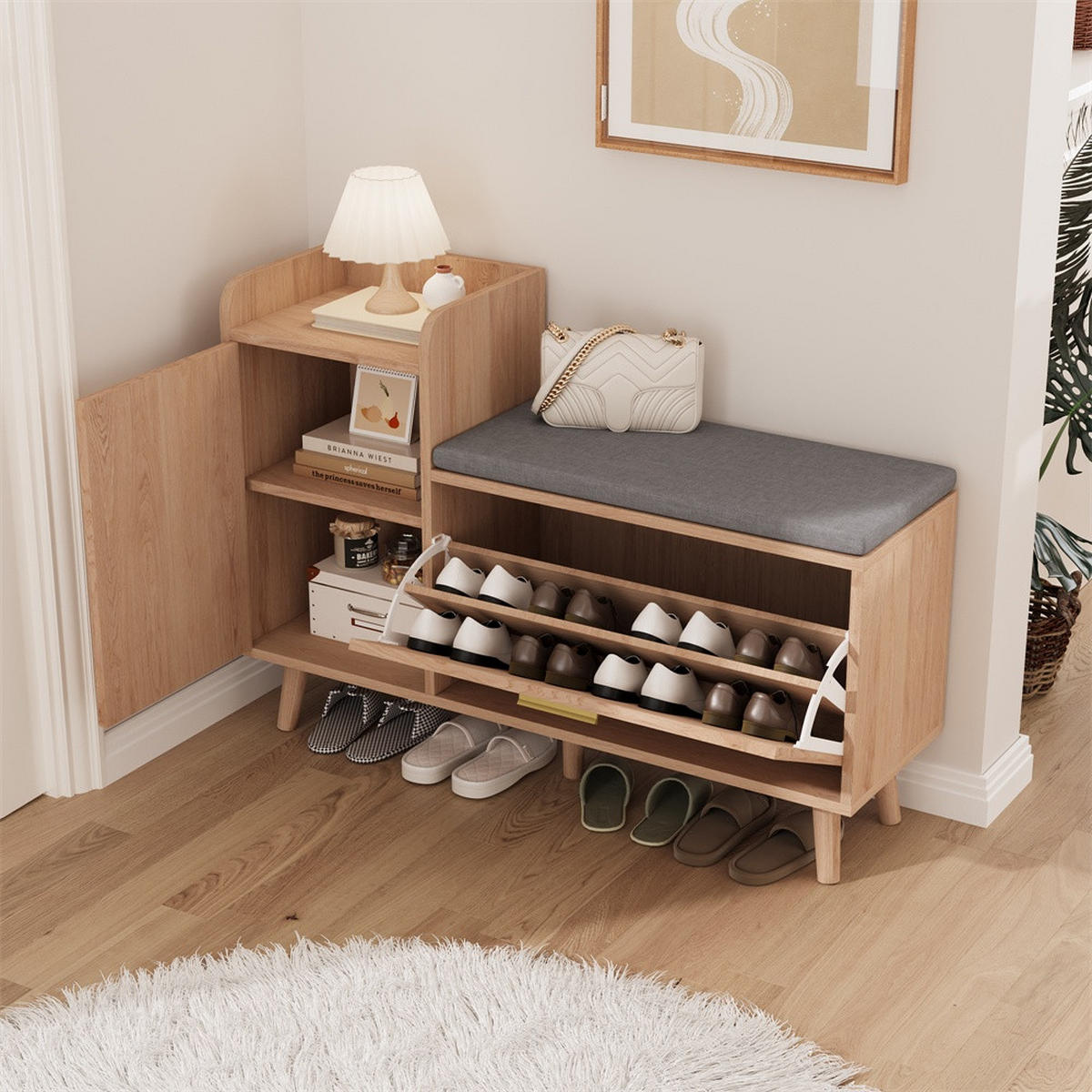 SCHUHBANK mit Sitzkissen und Kippfach - Mehrzweck-Schuhschrank mit Tür und offenem Ablagefach - Natur und Dunkelgrau - Eichefarben, Holzwerkstoff (30/69.5/100cm) - DELFA