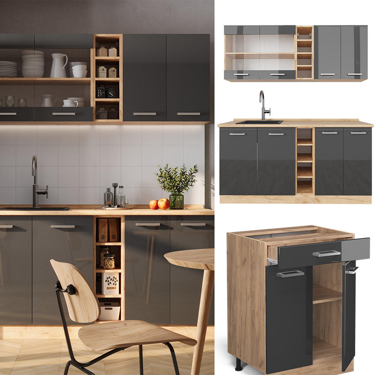 SINGLEKÜCHE R-Line Anthrazit Hochglanz/Goldkraft Eiche 160 cm AP Anthrazit - Honigeiche/Anthrazit, Holzwerkstoff (160/81.6/60cm) - Vicco