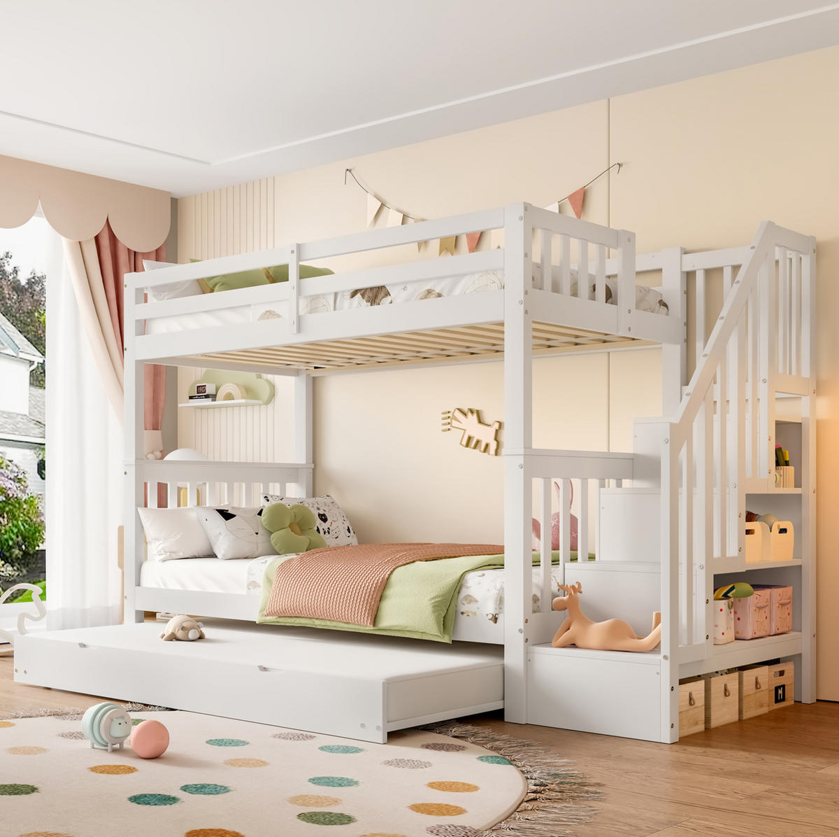 ETAGENBETT 90/200 cm Weiß aus Kiefer und MDF mit Ausziehbett und Treppenregal - Weiß, Holzwerkstoff (90/200cm) - OKWISH