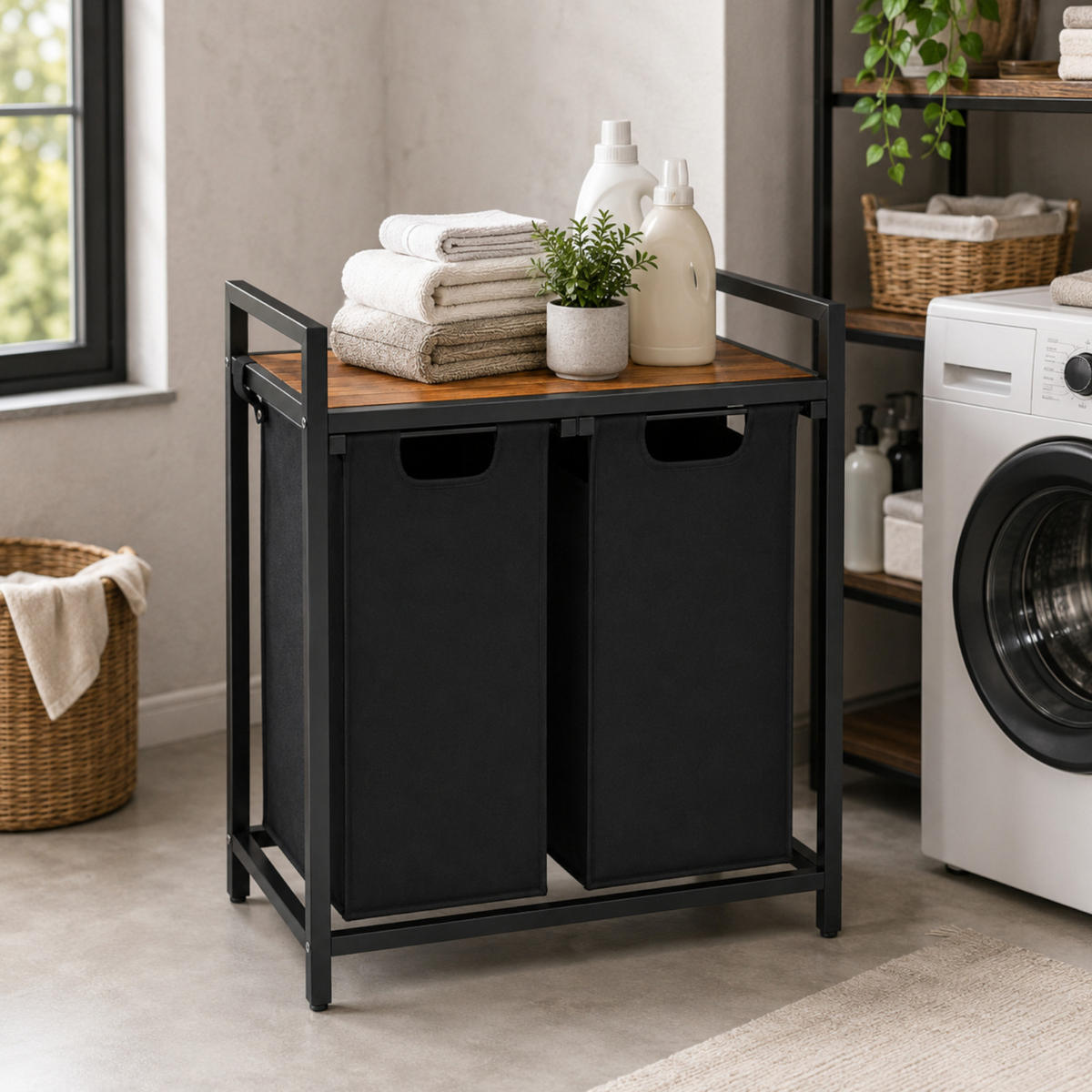 WÄSCHEKORB – Metall – Schwarz – 2 herausnehmbare Wäschesäcke – Ablage – 73x33x71 cm (92l) - Schwarz/Braun, Metall (73/71/33cm) - Begryf