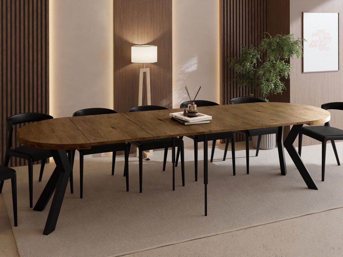 ESSTISCH Savio rund ausziehbar verlängerbar XXL, Eiche Braun Rustikal 100-300/100/77 cm - Alteiche/Schwarz, Holz/Holzwerkstoff (100/100/77cm) - WFL GROUP