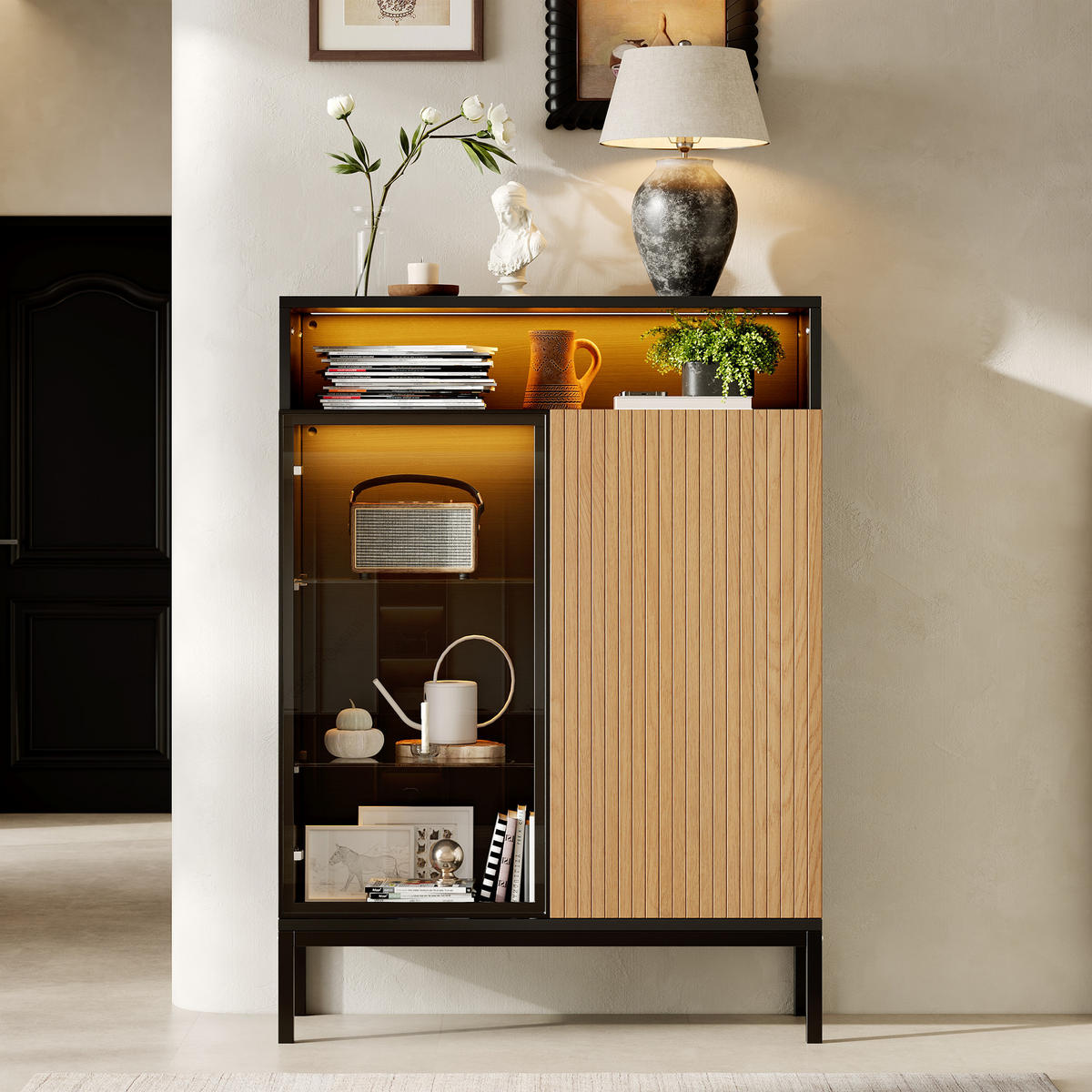 VITRINE 80x30x110 cm mit LED und Glastür - Schwarz/Braun, Holzwerkstoff (80/110/30cm) - FLIEKS