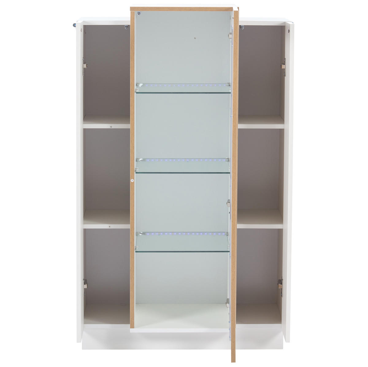 VITRINE 74/40/120 cm in Weiß/Natur mit 3 Türen und LED-Beleuchtung - Weiß, Holzwerkstoff (74/120/40cm) - Flora Grace