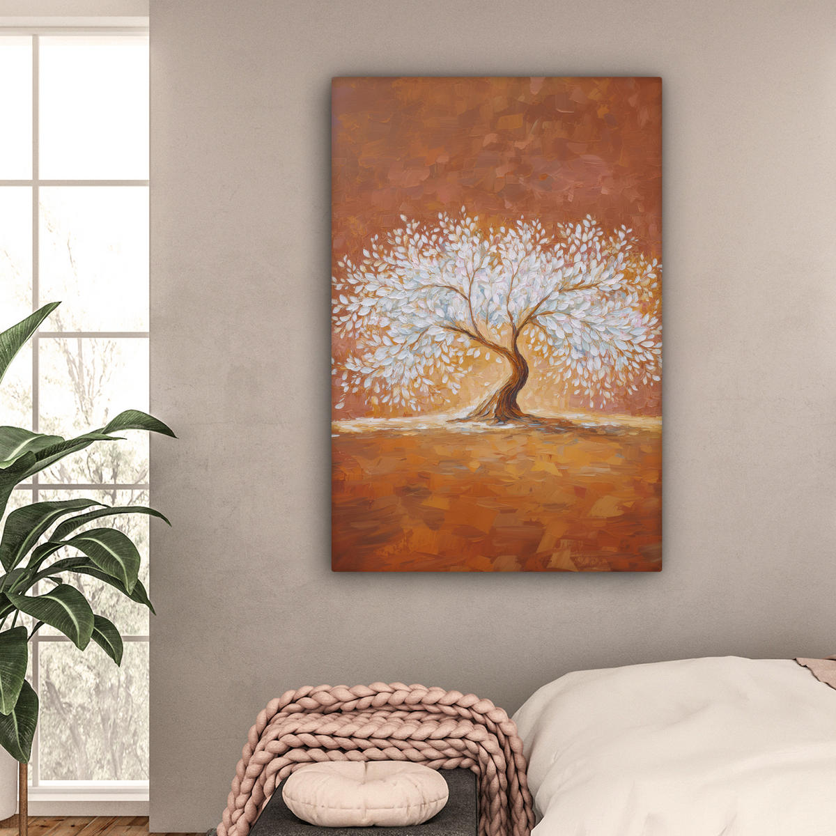 LEINWANDBILD Abstrakt - Baum - Weiß - Blätter Deko Groß 90x140 cm - Braun, Textil (90/140cm) - MuchoWow