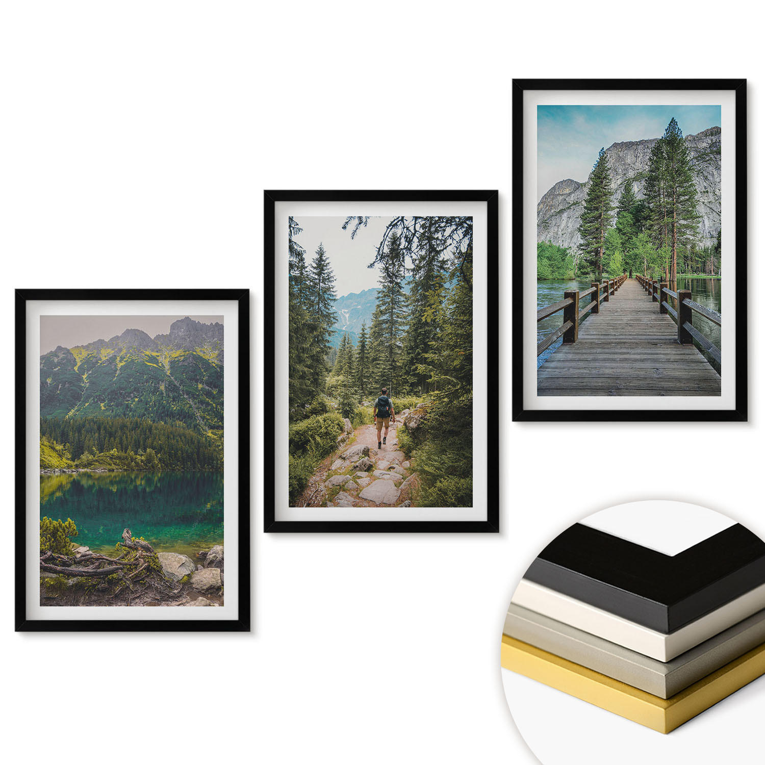 WANDBILDER 3er-Set - 40x60 cm Schwarzer Rahmen - Berge, Seen, Wälder, Wege - Schwarz, Kunststoff (40/60cm) - ArtPrintCave