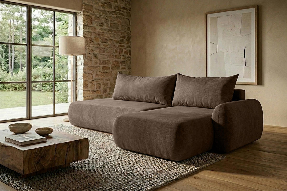 ECKSOFA Mit Schlaffunktion Und Bettkasten, Velvet-Stoff Vena, Dunkelbeige, Rechts, HELA I - Beige, Holz (302/184cm) - Kaiser Möbel