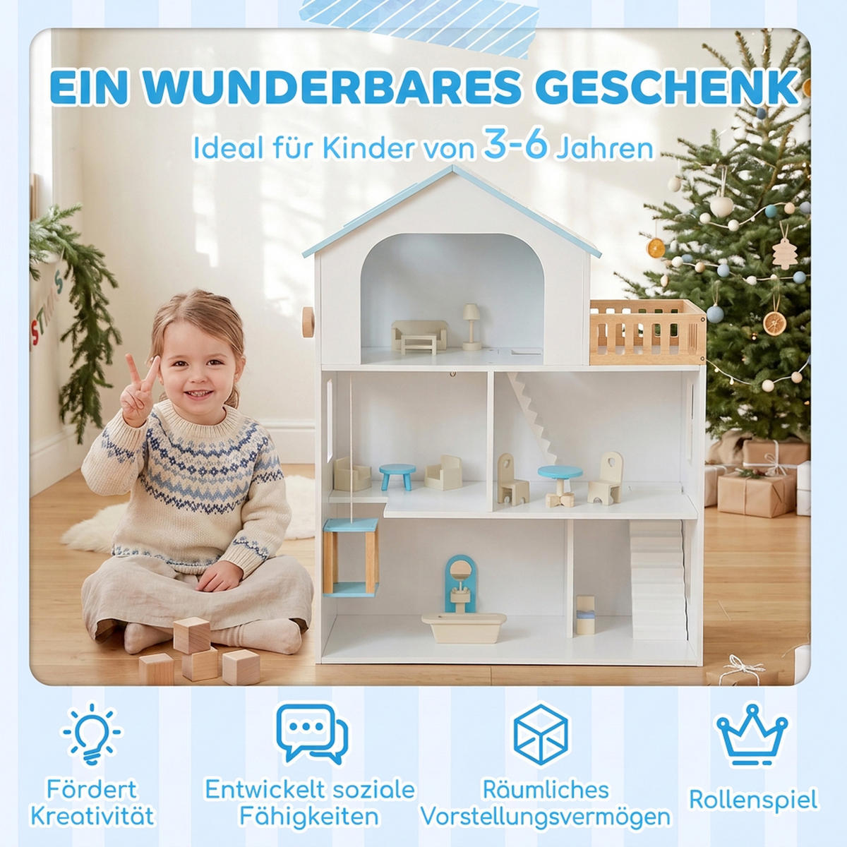 PUPPENHAUS MDF Kiefernholz Blau - Blau, Holzwerkstoff (29.5/79.5/63.5cm) - AIYAPLAY