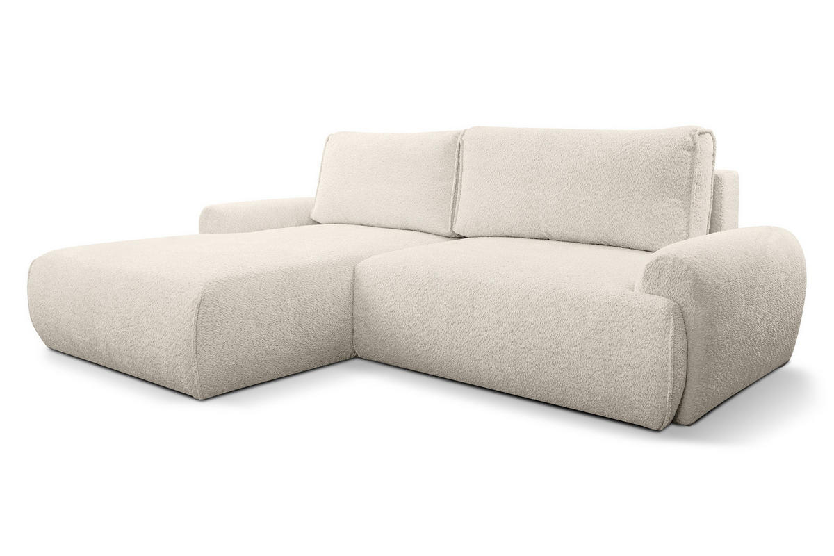 ECKSOFA Moon in L-Form mit Schlaffunktion und Bettkasten, Farbe: Beige, Bouclé-Stoff, Ottomane Links - Beige, Textil (136/260cm) - VENASI MÖBEL