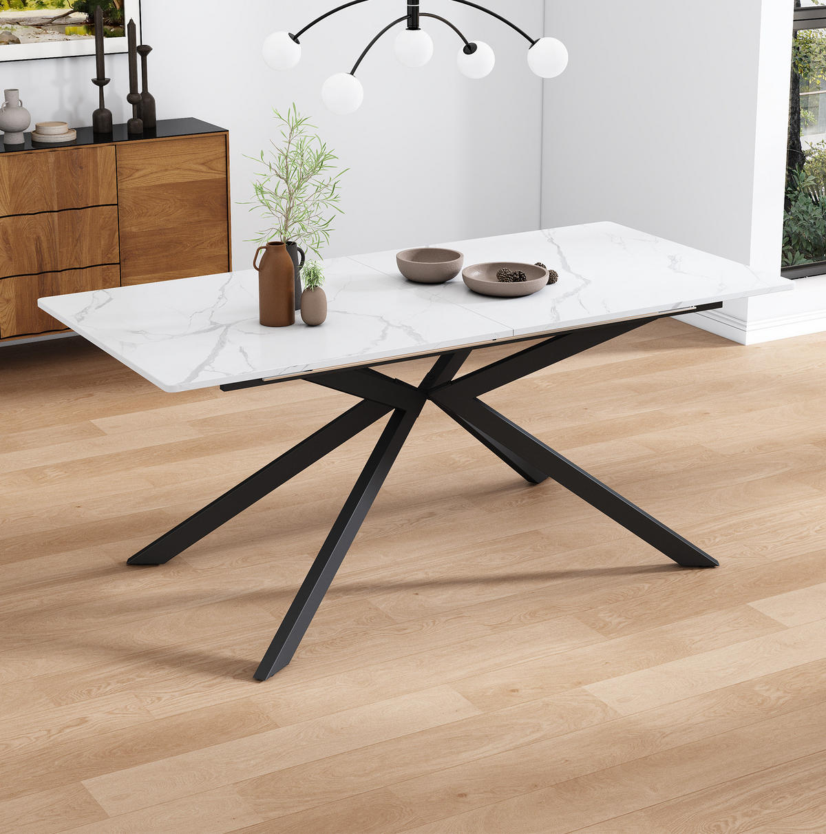 JEDÁLENSKÝ stôl 150/180/70/76 cm čierno-biely, rozkladací, MDF - čierna, kompozitné drevo (180/70/75.5cm) - BEAOK