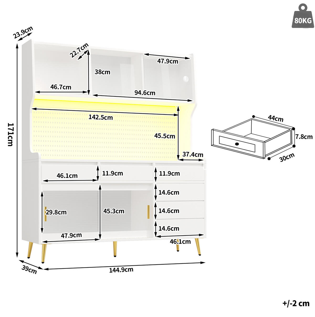 HOCHSCHRANK mit Schiebetüren und LED 145x39x171 cm MDF Glas Weiß - Weiß, Glas (39/171/144.9cm) - Meubliv