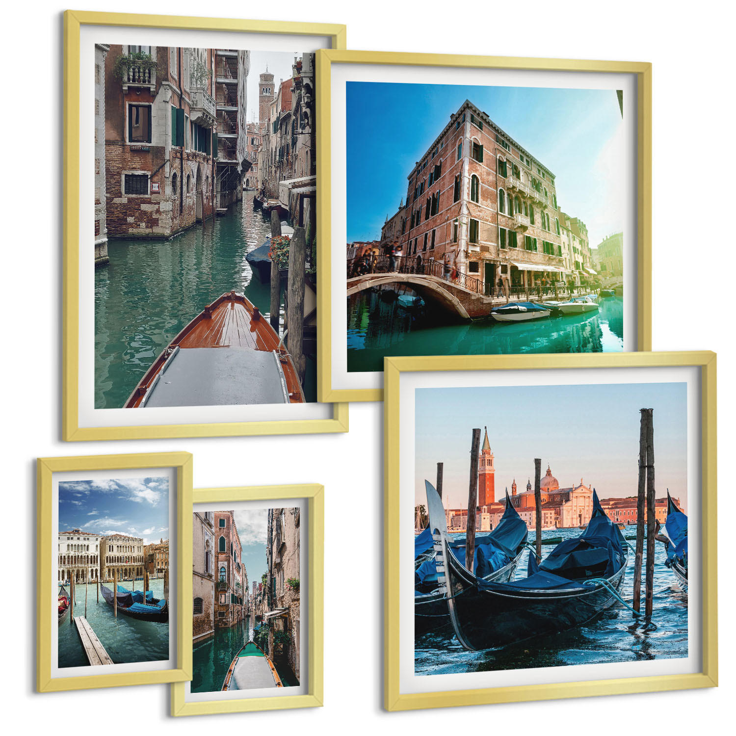 BILDER SET 5er Set - 50x50 cm & 20x30 cm & 40x60 cm Goldrahmen - Küchenutensilienmuster Blätter - Goldfarben, Kunststoff (40/60cm) - TULUP