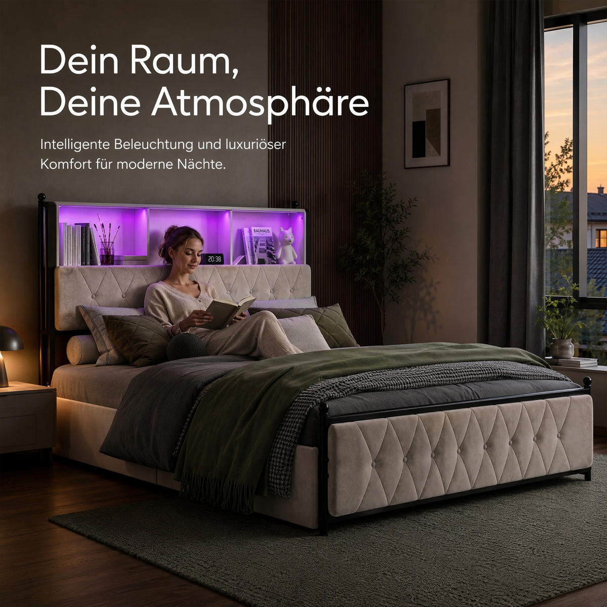 POLSTERBETT 160x200 cm mit USB- und LED-Kopfteil, Bett mit Stauraum und 4 Schubladen, Lattenrost, Samt, Beige - Beige, Holz/Metall (160/200cm) - GENKI LIVING