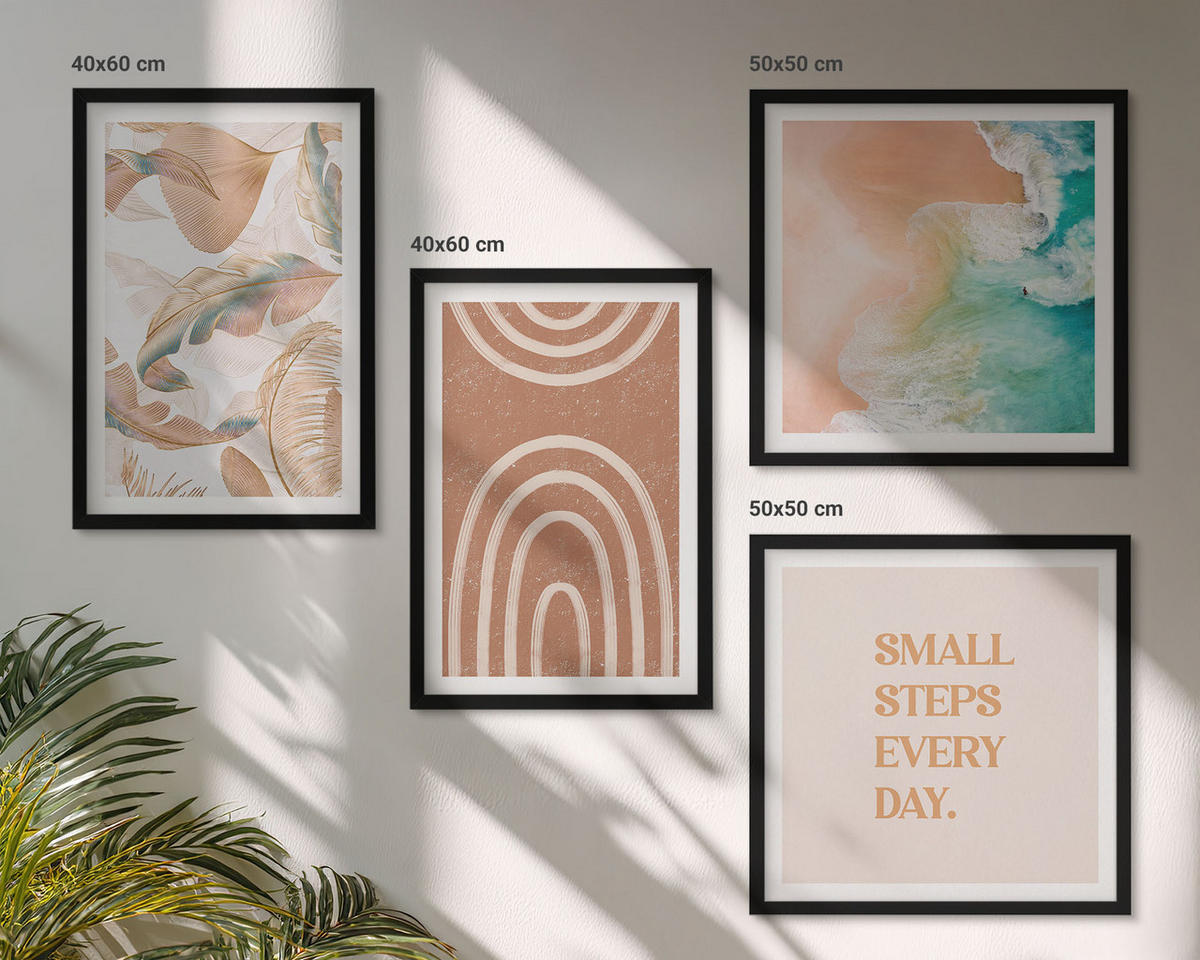 WANDBILDER 4er-Set - 50x50 cm & 40x60 cm Schwarzer Rahmen - Zarte Boho-Blätterschrift - Schwarz, Kunststoff (50/50cm) - ArtPrintCave