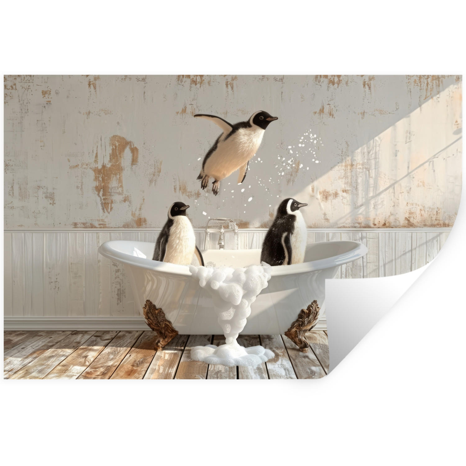 WANDTATTOO Vintage - Pinguin - Badewanne - Schaumstoff 120x80 cm - Schwarz, Kunststoff (120/80/0.1cm) - MuchoWow