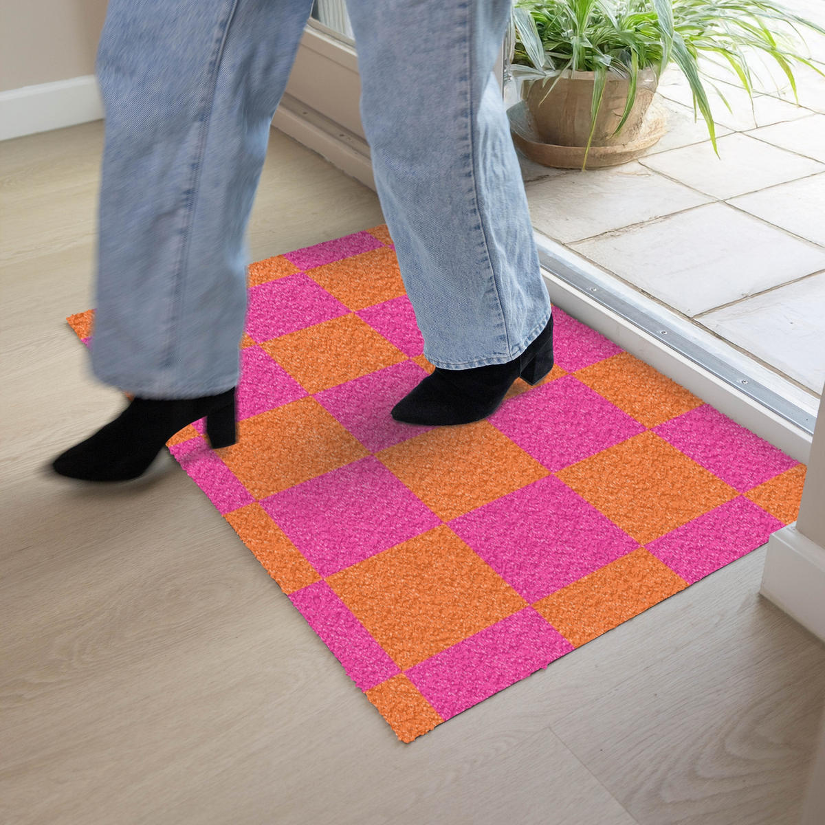 FUSSMATTE Schachbrettmuster - Orange - Rosa - Blöcke 90x60 cm - Pink, Kunststoff (90/0.4cm) - MuchoWow