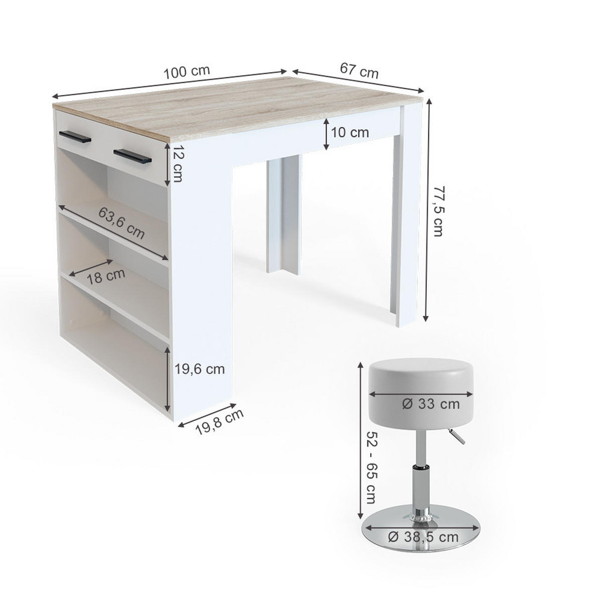 ESSTISCH-SET Repose Sonoma/Weiß 67 x 100 cm mit 2 Hockern - Weiß/Sonoma Eiche, Holzwerkstoff (67/77.5/100cm) - Vicco