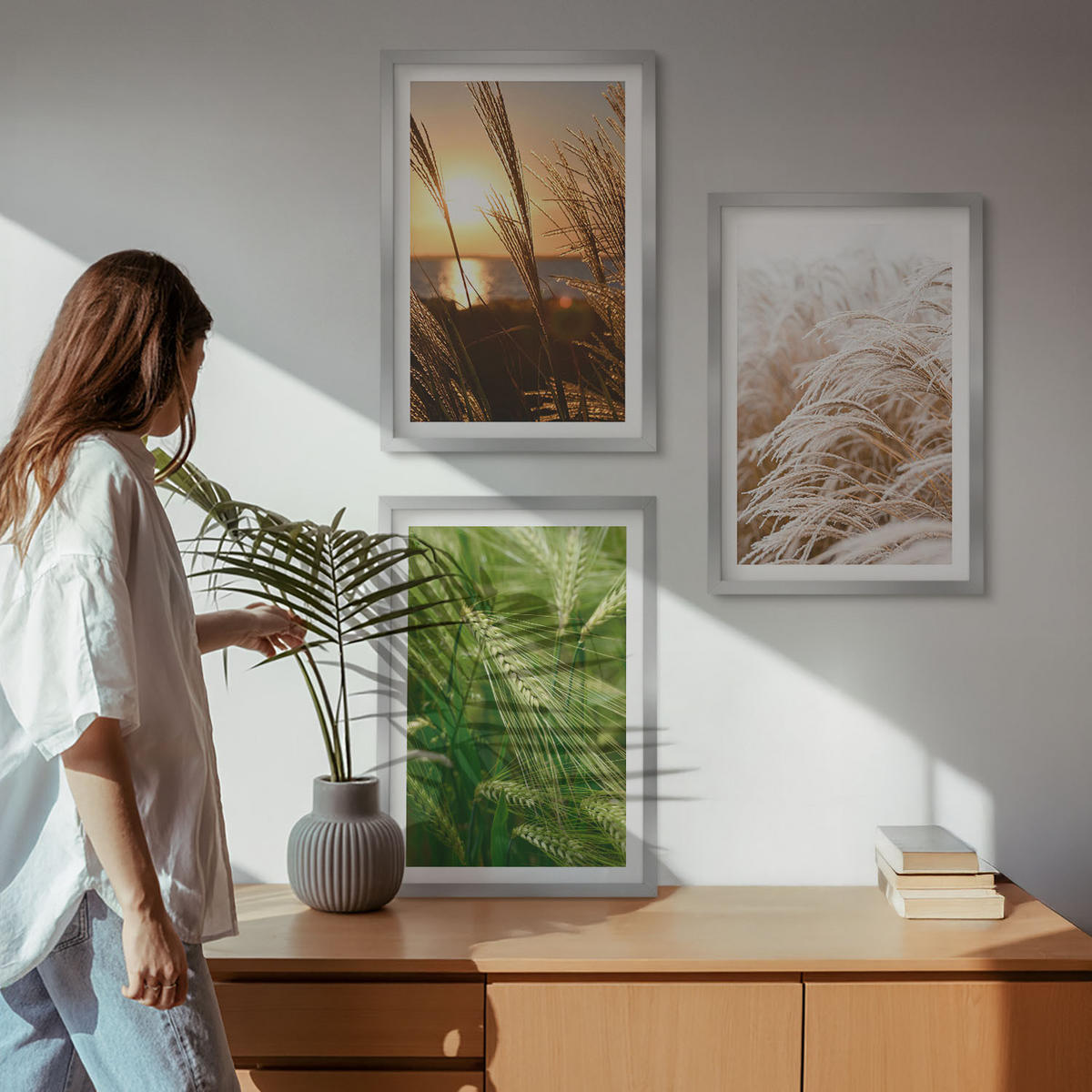 WANDBILDER 3er Set - 40x60 cm Silberner Rahmen - Gräser farbenfrohe Natur - Silberfarben, Kunststoff (40/60cm) - ArtPrintCave