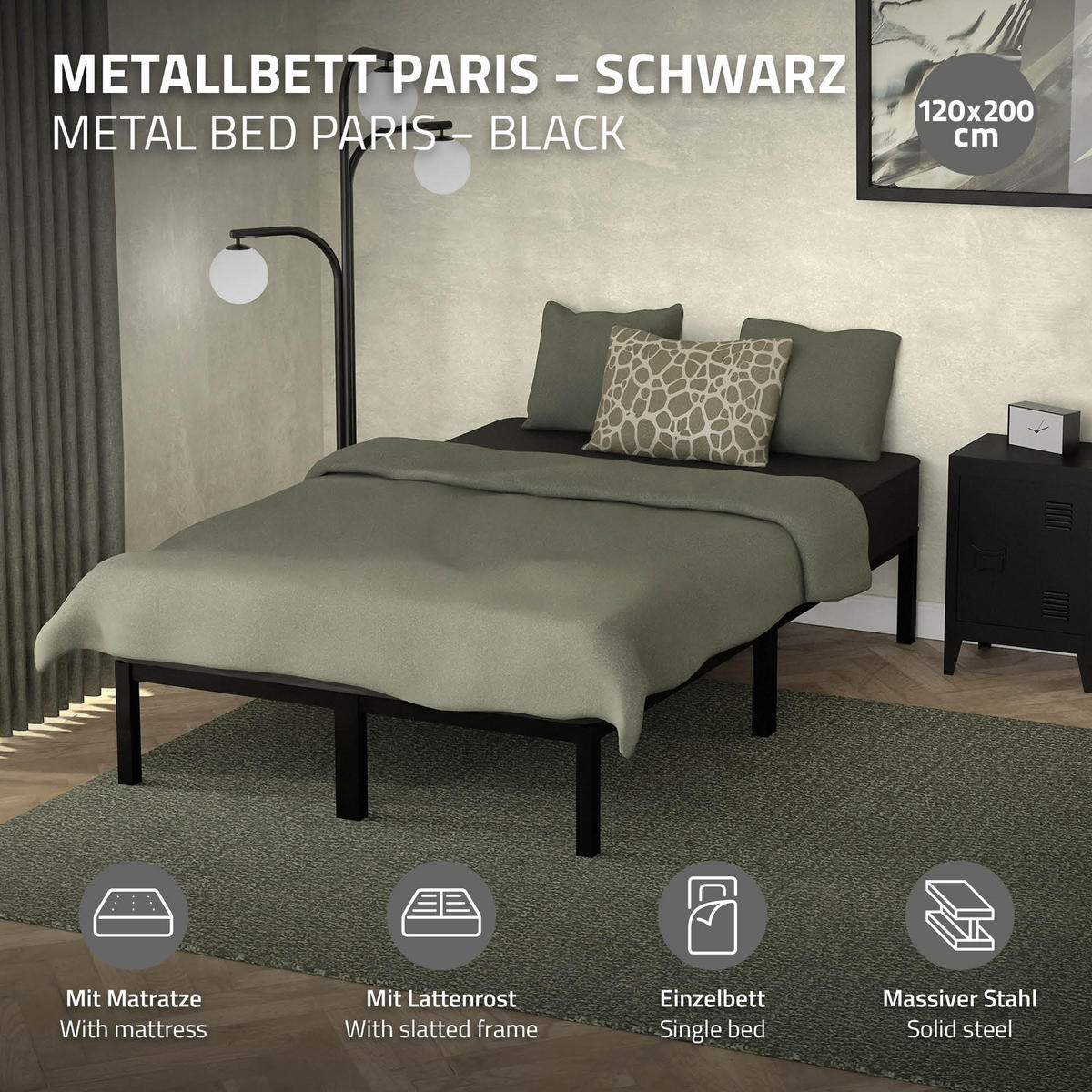 METALLBETT mit MATRATZE 200/120cm - Schwarz, Metall - ML-DESIGN