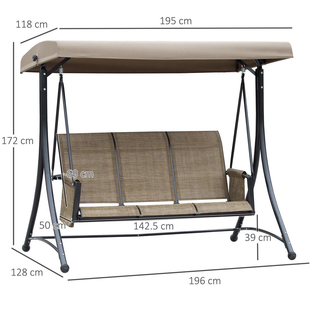 HOLLYWOODSCHAUKEL aus Metall 196 x 128 x 172 cm in Braun mit verstellbarem Sonnendach - Braun, Metall (128/172/196cm) - Modfu