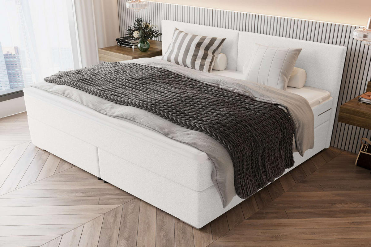 FAMILIENBETT BOXSPRINGBETT Webstoff Weiß 220/200 cm - Chromfarben/Weiß, Kunststoff/Textil (220/200cm) - 99rooms