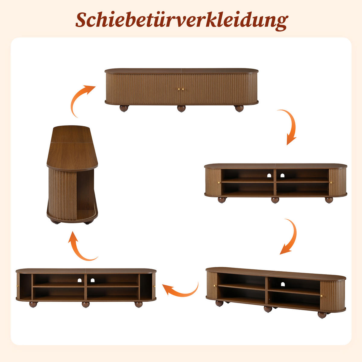 TV-LOWBOARD Rund Rillenoptik Schiebetüren Retro Kugelfüße - Walnussfarben, Holzwerkstoff (180/45/35cm) - FLIEKS
