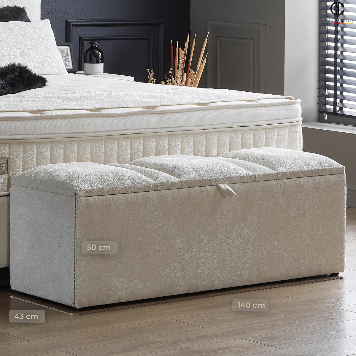 BOXSPRINGBETT BETTBANK AURORA 140/43/50 cm, Beige - Beige/Schwarz, Holz/Kunststoff (140/50/43cm) - Consilio Concept