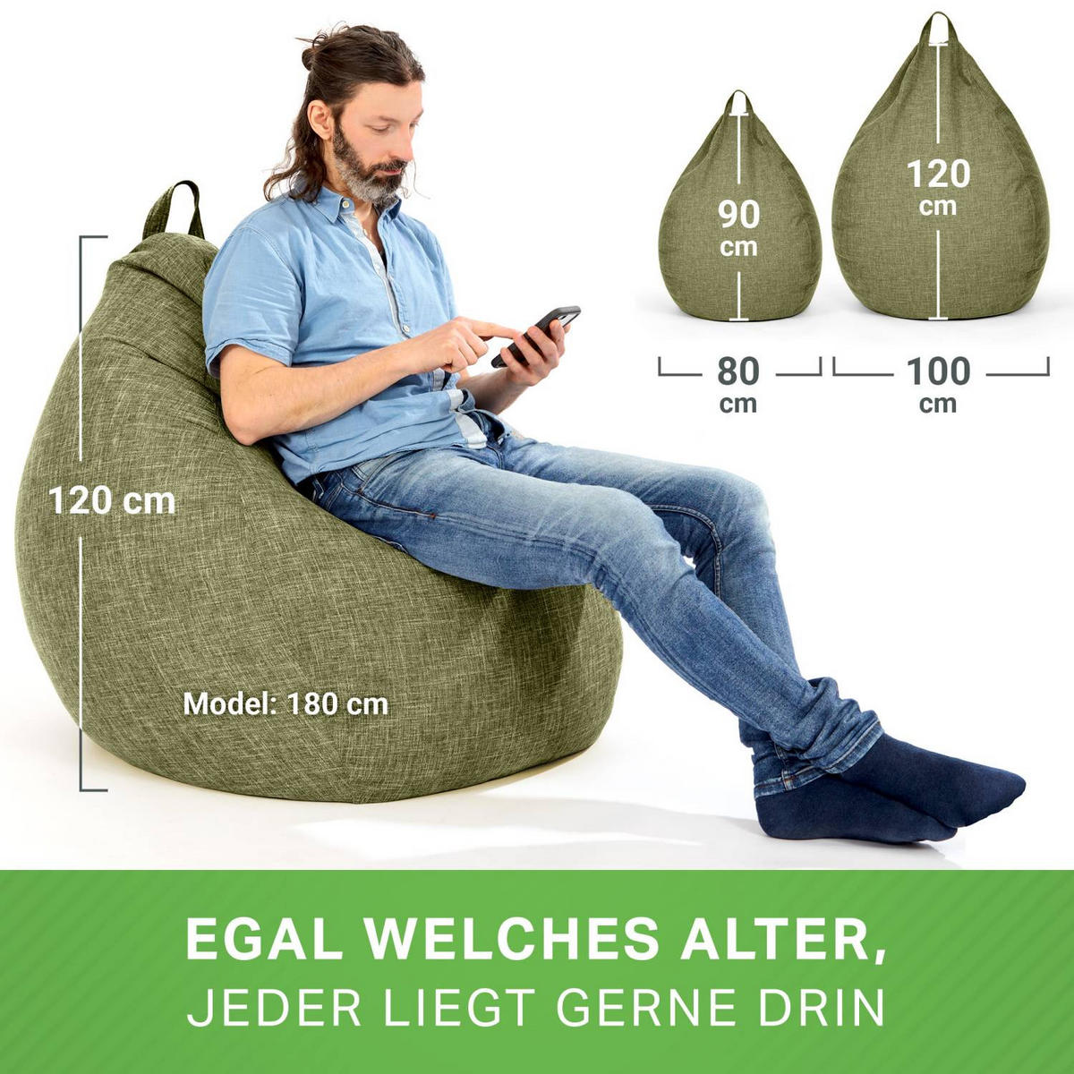 SITZSACK Indoor "Home Linen" - 200 Liter - Grün, Textil (80/90/50cm) - Green Bean