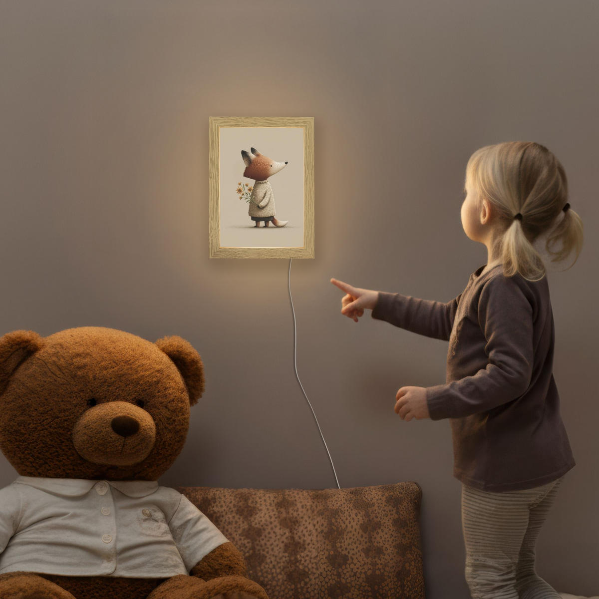 NACHTTISCHLAMPE Fuchs - Gelbe Blumen - Minimalistisch 15x20 cm - Taupe, Holzwerkstoff (8/15/20cm)