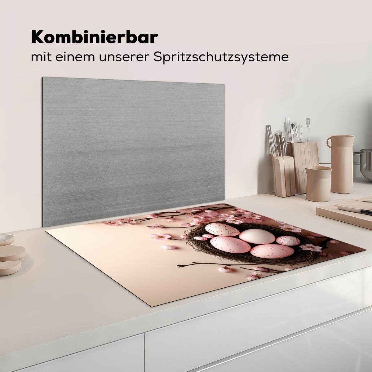 HERDABDECKPLATTE Rosa - Blüten - Eier Induktionsmatte 77x59 cm - Hellrosa, Kunststoff (77/59/0.2cm) - MuchoWow