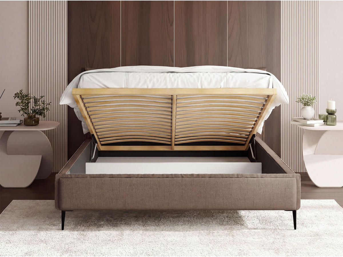 POLSTERBETT Pillow Rise mit Bettkasten, Lattenrost & hohen Metallfüßen in Braun Chenille 140x200 cm - Birkefarben/Schwarz, Holz/Holzwerkstoff (140/200cm) - WFL GROUP