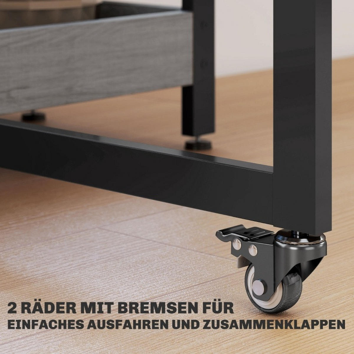SKLÁDACÍ jídelní stůl 133,4/80/75 cm s 2 otevřenými přihrádkami, kolečky s brzdou a stabilní konstrukcí, Šedá - šedá, dřevo (133.4/80/75cm) - Redom