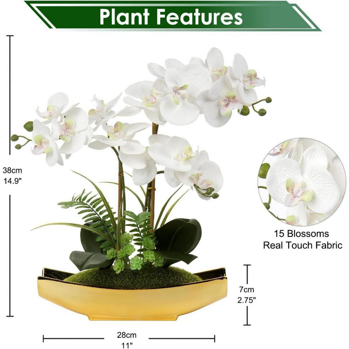 KUNSTORCHIDEE Phalaenopsis 38 cm Weiß Gold - Multicolor, Kunststoff (38cm)