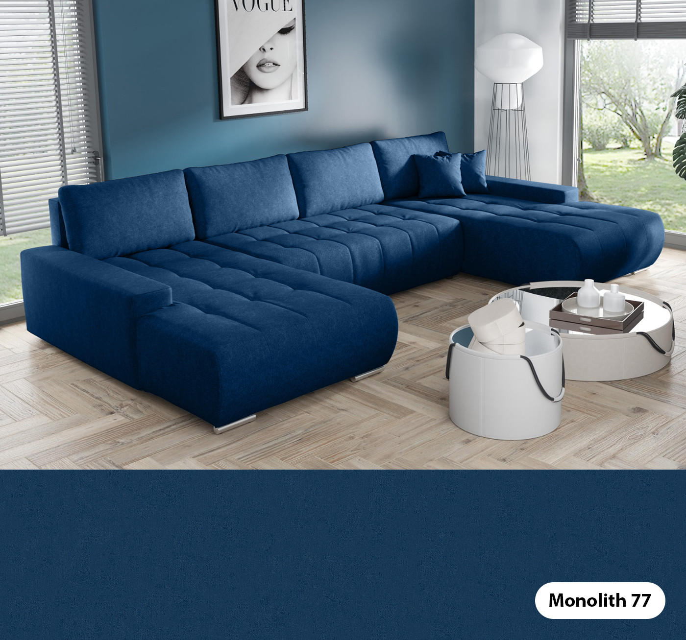 ECKSOFA U Form Bonari U, Dunkelblau - Blau, Textil (185/85/350cm) - Meblito