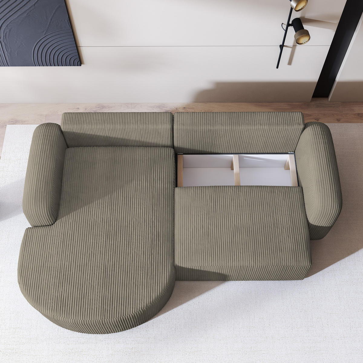 ECKSOFA AMILIA P L-S Beige Kordstoff mit Schlaffunktion - Beige, Holz (263/174cm) - MASSENO