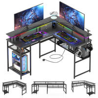 GAMINGTISCH L-förmig, 140 x 120 x 75 cm, Eck-Computertisch mit Stauraum, Monitorständer, 2 USB-Ladegerät, 3 Steckdosen, LED - Schwarz, Metall (140/48/75cm)