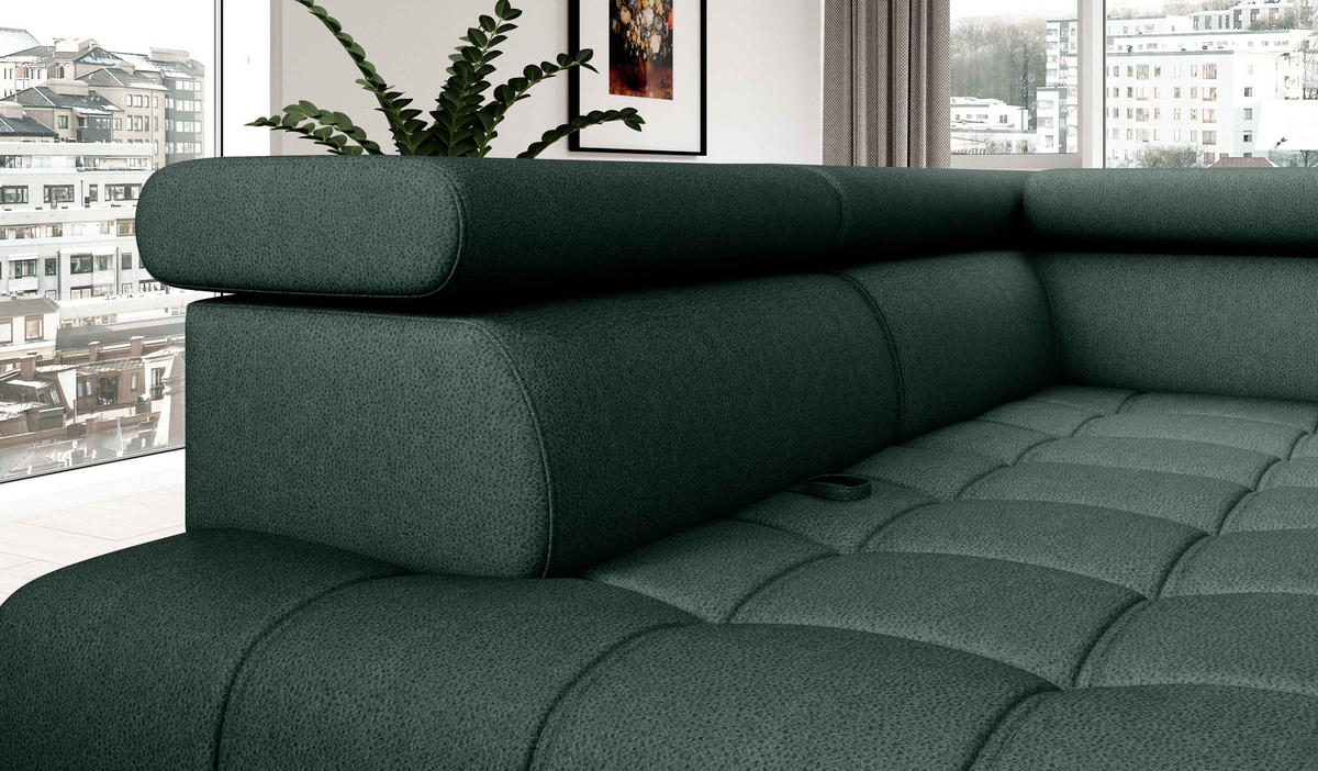 ECKSOFA BAGGIO Letto Stoff, Schlaffunktion, Bettkasten, Sitztiefe, Kopfstützen 280x196cm – Rechts – Dunkelgrün - Dunkelgrün, Holz/Textil (280/196cm) - DomoHome