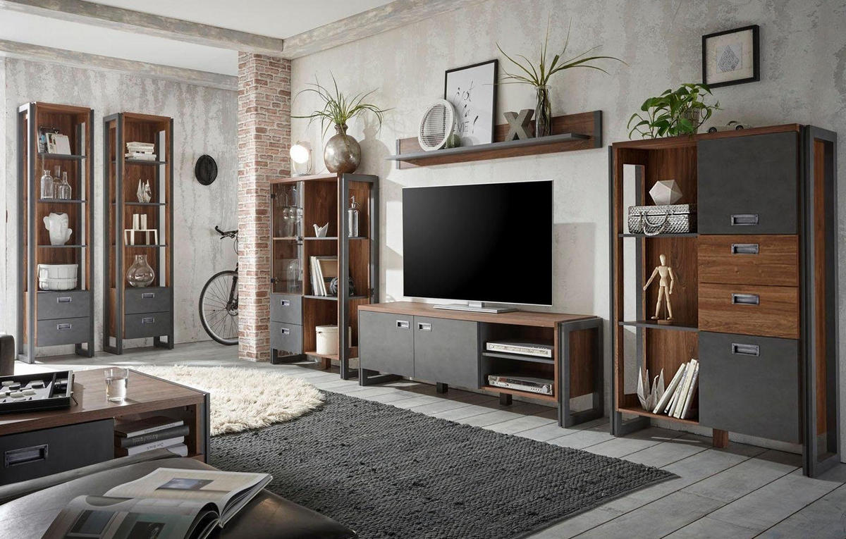 WOHNWAND Eiche Stirling, Matera grau, Schrankwand 4-teilig 356 x 170 cm - Eichefarben/Silberfarben, Holzwerkstoff/Metall (360/170/39cm) - Furn.Design