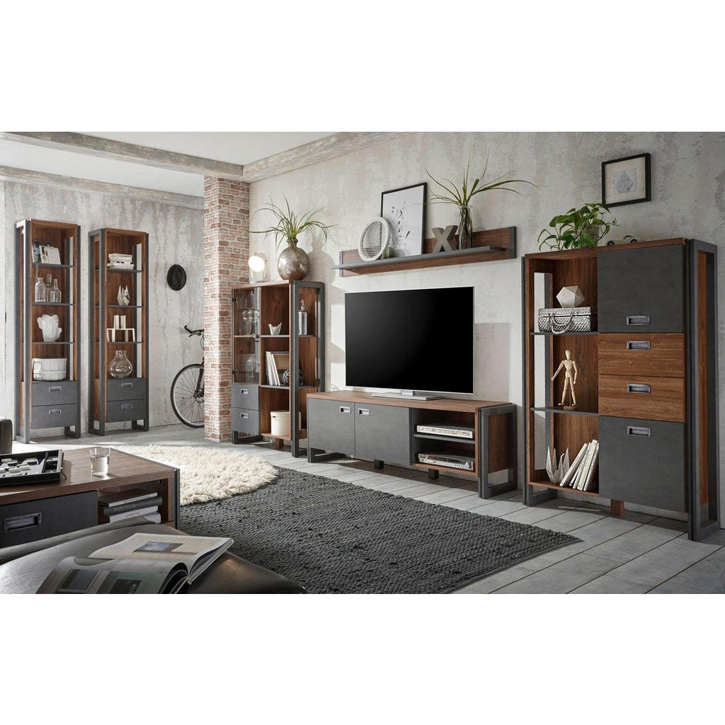 Thumbnail - Furn.Design Wohnwand, Eiche, Grau, Metall, Nachbildung,Eiche, 4 Schubladen, Kufe, 360x170x39 cm, FSC 100%, Wohnzimmer, W...