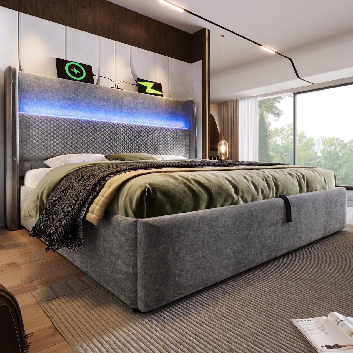 POLSTERBETT aus Leinen 140x200 cm in Grau mit LED & USB/Type-C & Stauraum - Grau, Textil (140/200cm) - Modfu