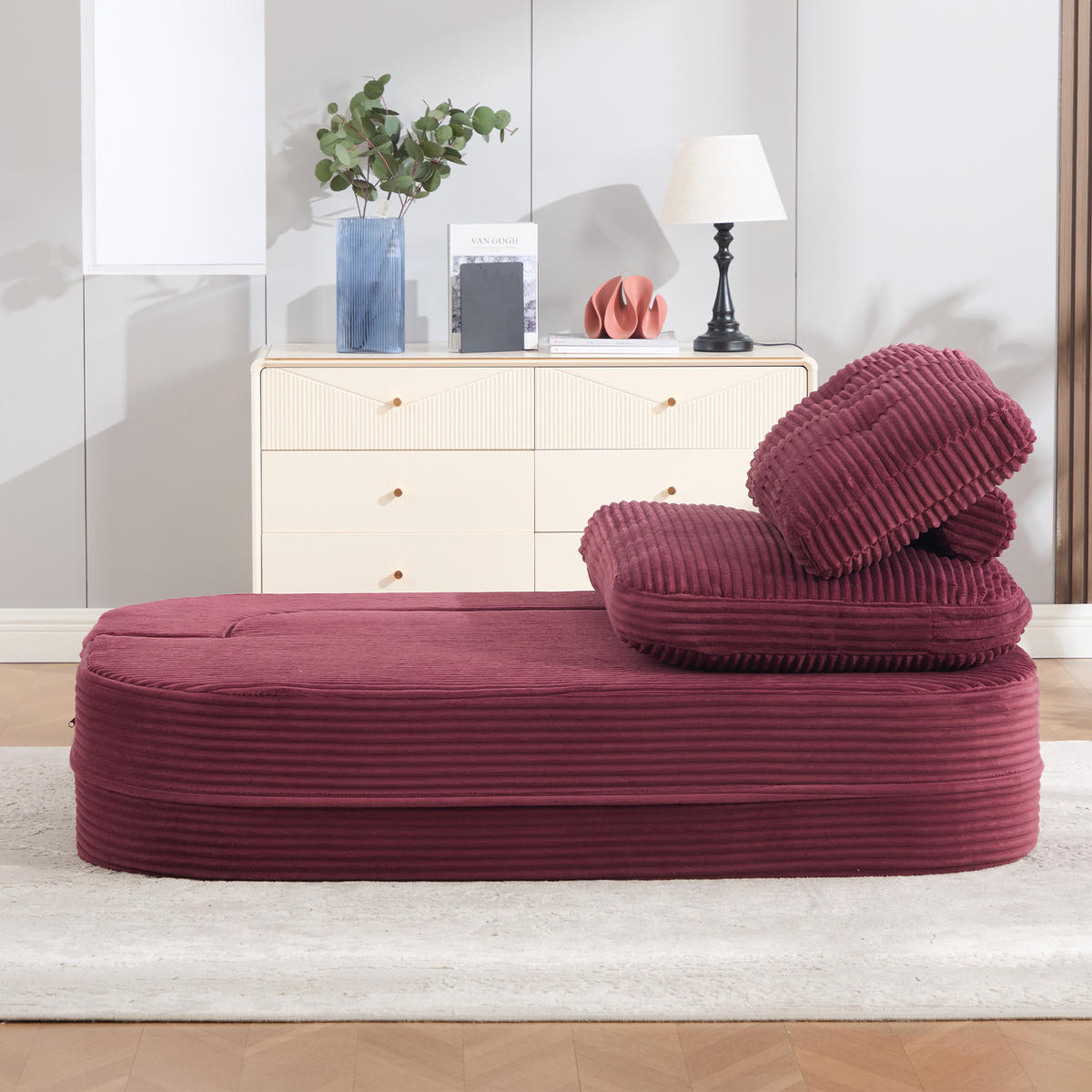SOFA mit Liegefunktion und Getränkehaltern aus Cord in Weinrot - Weinrot, Textil (165/61/97cm) - EVRYAE