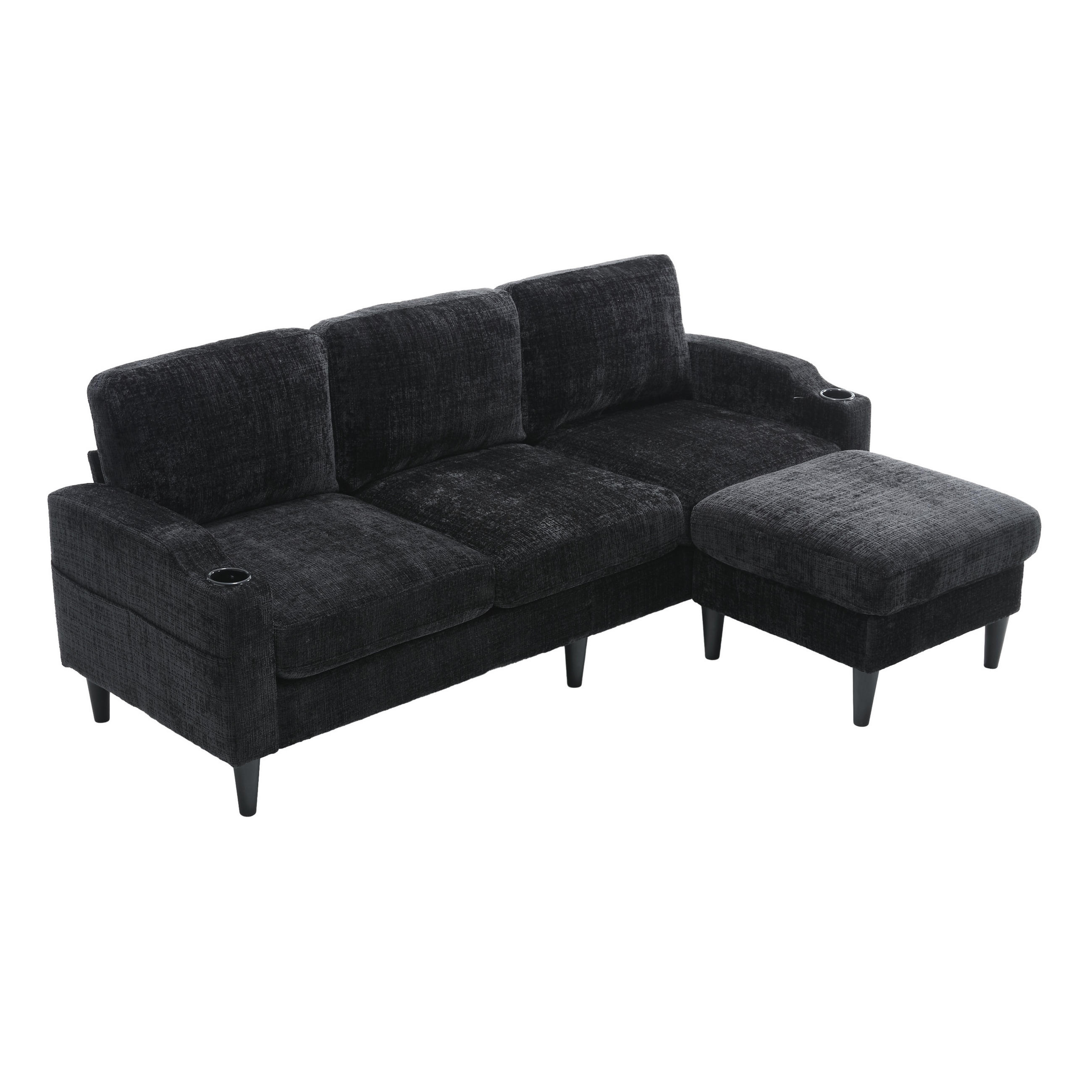SITZGARNITUR 4-SITZER Chenille Schwarz mit Hocker, Stauraum, Getränkehaltern und Seitentaschen - Schwarz, Holzwerkstoff/Kunststoff (196.5/77/75cm) - WISHDOR