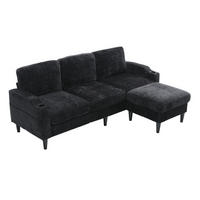 SITZGARNITUR 4-SITZER Chenille Schwarz mit Hocker, Stauraum, Getränkehaltern und Seitentaschen - Schwarz, Holzwerkstoff/Kunststoff (196.5/77/75cm) - WISHDOR