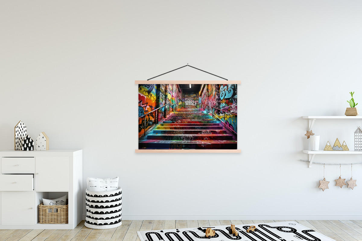 POSTER Treppe - Graffiti - Farben - Kunst 120x80 cm - Multicolor, Textil (120/80/0.15cm) - MuchoWow