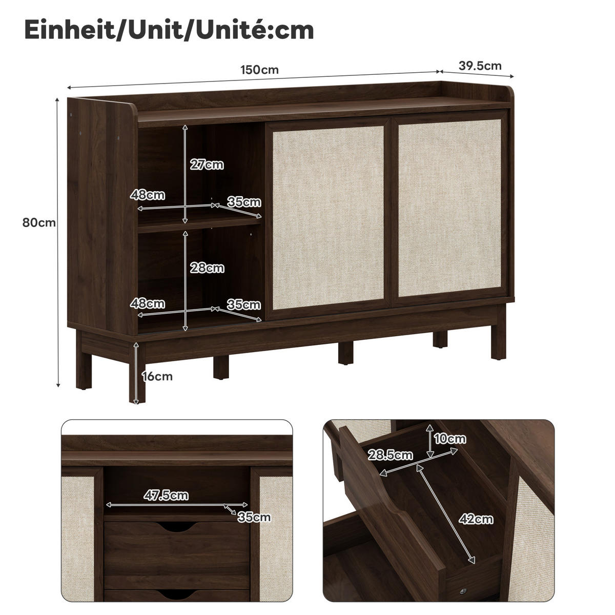 SIDEBOARD 150/39,5/80 cm aus Holzwerkstoff mit Schiebetüren, 2 Schubladen und verstellbaren Einlegeböden, Natur - Naturfarben, Holzwerkstoff (150/80/39.5cm) - Redom