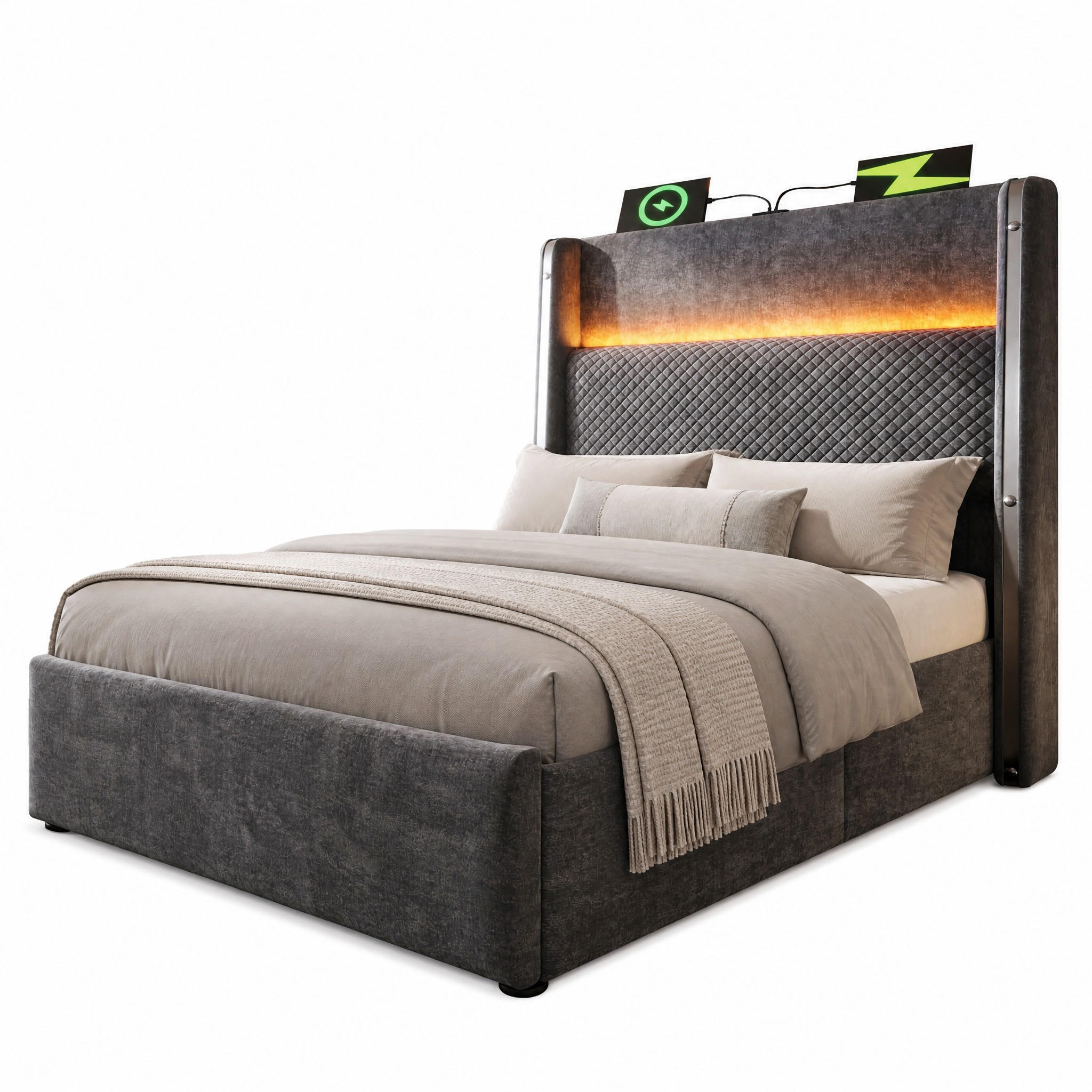 POLSTERBETT 90/200 cm in Grau mit Bettkasten, LED und USB/Type-C Leinen Design - Grau, Holzwerkstoff/Textil (90/200cm) - STILVORA