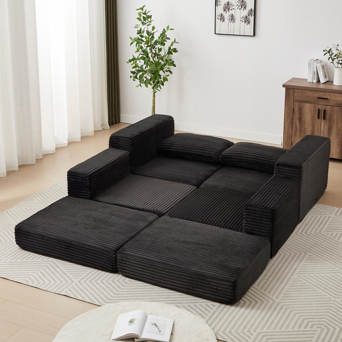 SOFA-BETT modular Cord Black mit beweglicher Fußstütze - Schwarz, Kunststoff (169.5/194cm) - Meubliv